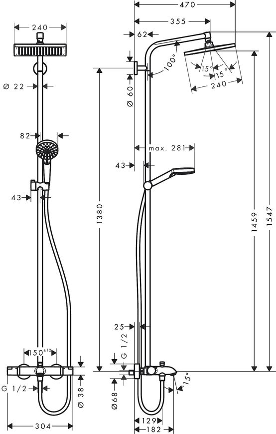 Душова система HANSGROHE Crometta E Showerpipe 240 1jet з термостатом і виливом 27298000 хром - 27298000