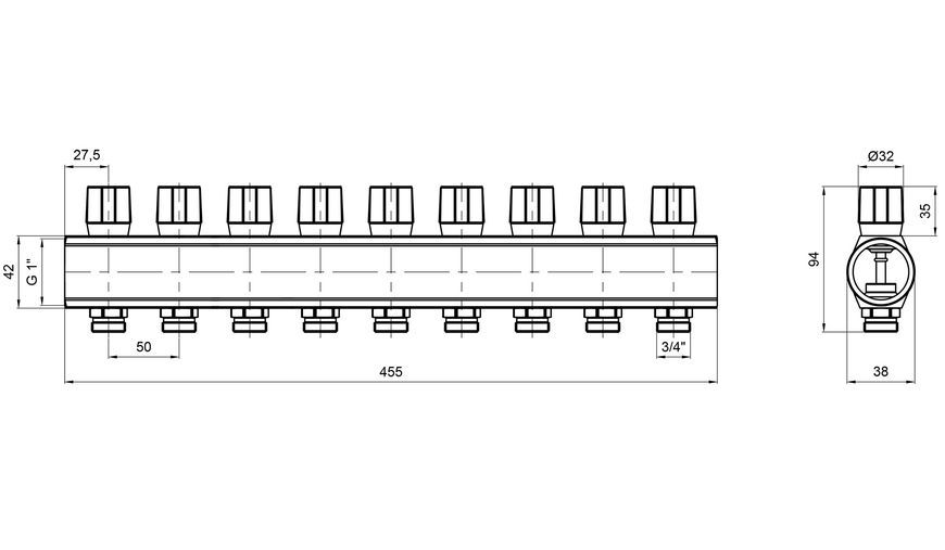 Коллектор&nbsp;ICMA&nbsp;с&nbsp;регулировочными&nbsp;вентилями&nbsp;1" 9 выходов №1105 (Red) 871105PS0511