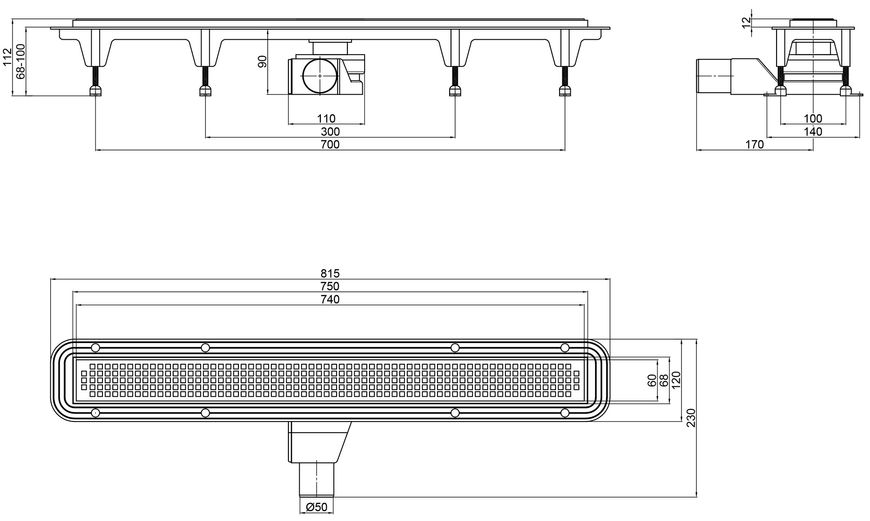 Трап душовий лінійний QTAP AQUARIUS CRM50800304 740 мм з комбінованим затвором - AQUACRM50800304