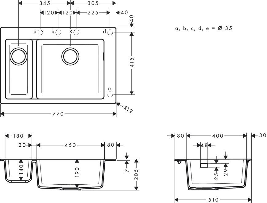 Кухонная мойка HANSGROHE с дополнительной чашей S510-F635 770х510 180/450 Stonegrey серый камень 43315290 - 43315290