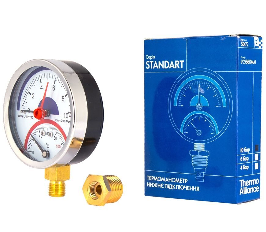 Термоманометр Thermo Alliance Standart 80 мм латунне нижнє підключення 1/2"ЗР 10 бар 120&ordm;С SD17210B