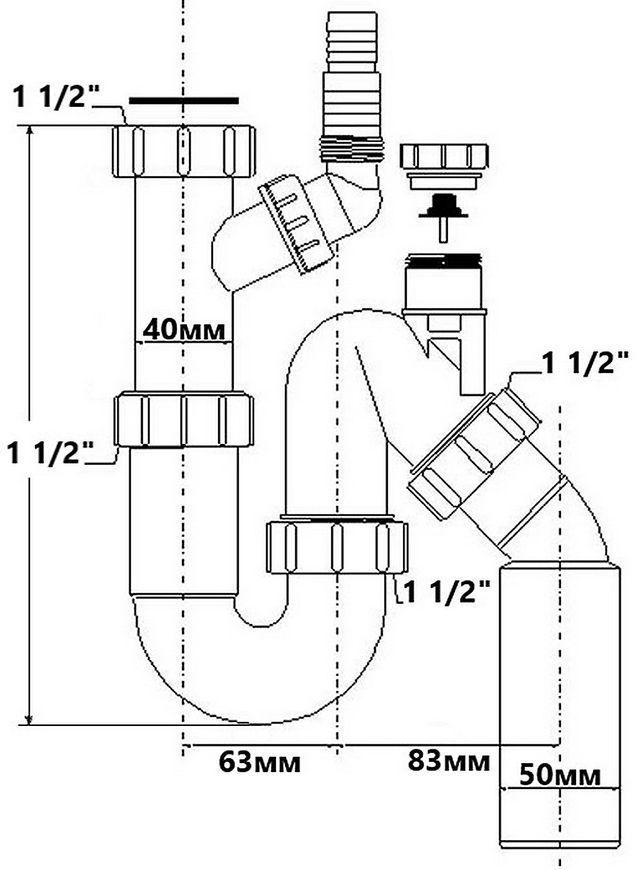 Сифон для кухонной мойки McALPINE 1 1/2х50 с воздухоотводчиком и подключением к стиральной машине TP31VW50