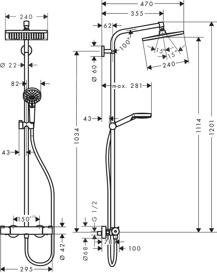 Душевая система HANSGROHE Crometta E Showerpipe 240 1jet с термостатом 27271000 хром - 27271000