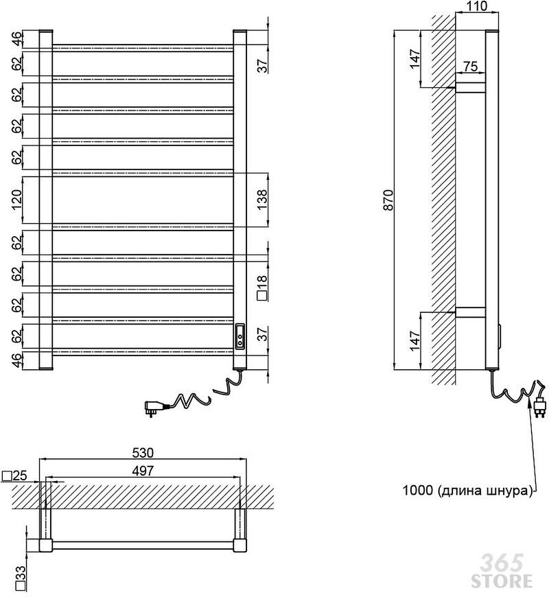 Полотенцесушитель электрический Q-TAP Evia 11121S BLA черный с таймером - QTEVIBLA11121S