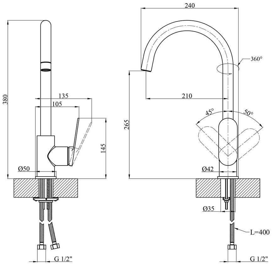 Смеситель для кухни Kroner Element 211512B-3801 латунь, черный CV035982 - Element 211512B-3801