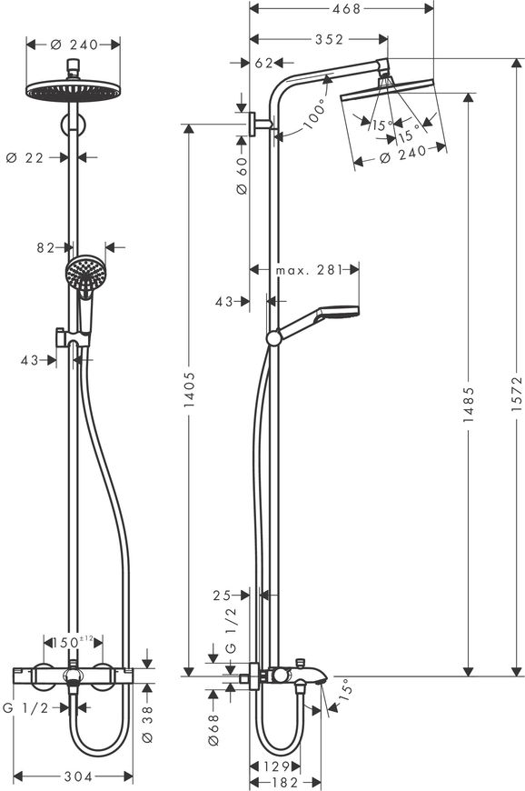 Душевая система HANSGROHE Crometta S Showerpipe 240 1jet с термостатом и изливом 27320000 хром - 27320000