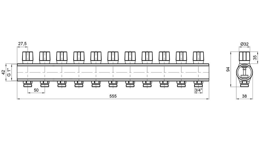 Коллектор&nbsp;ICMA&nbsp;с&nbsp;регулировочными&nbsp;вентилями&nbsp;1" 11 выходов №1105 (Red) 871105PT0511
