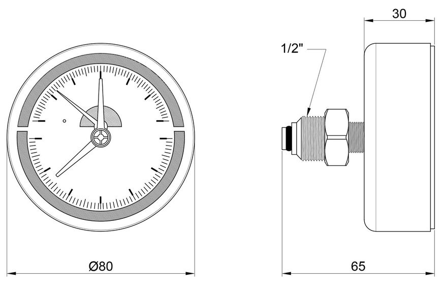 Термоманометр SD Plus 80 мм латунное заднее подключение 1/2"НР 6 бар 120ºС SD1736B