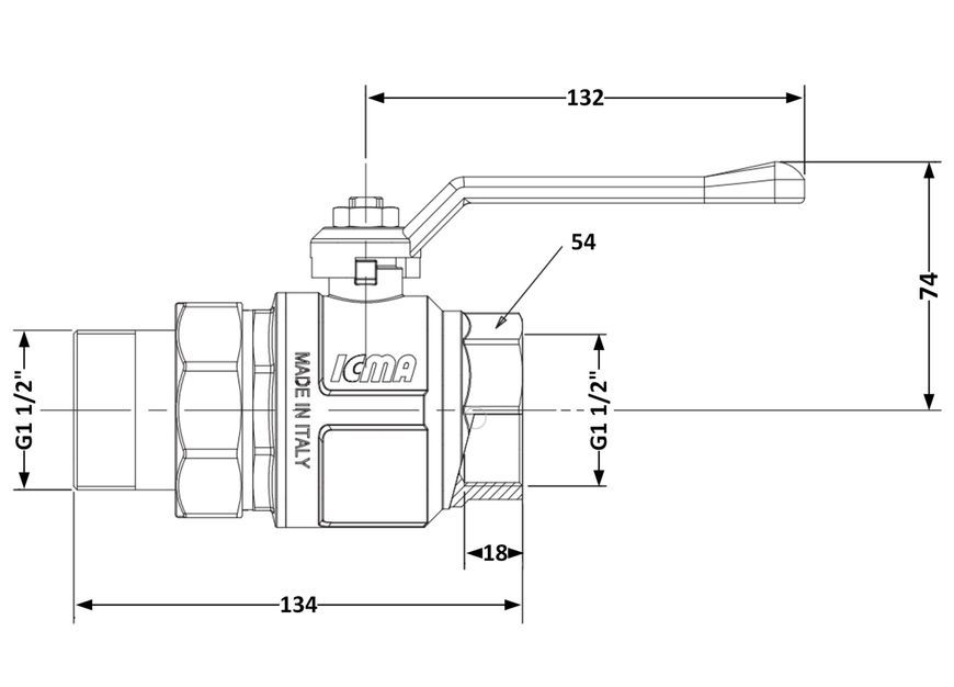 Кран шаровой с "американкой" ICMA 1" 1/2 PN40 прямой №347 латунь 87347AH11 - 87347AH11