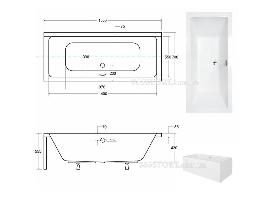 Ванна акрилова BESCO QUADRO 155х70 - NAVARA07926