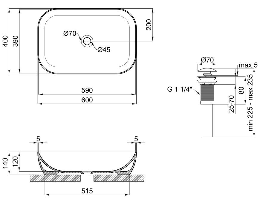 Раковина-чаша QTAP Robin 600x400x140 White з донним клапаном QT13112143PW - QT13112143PW