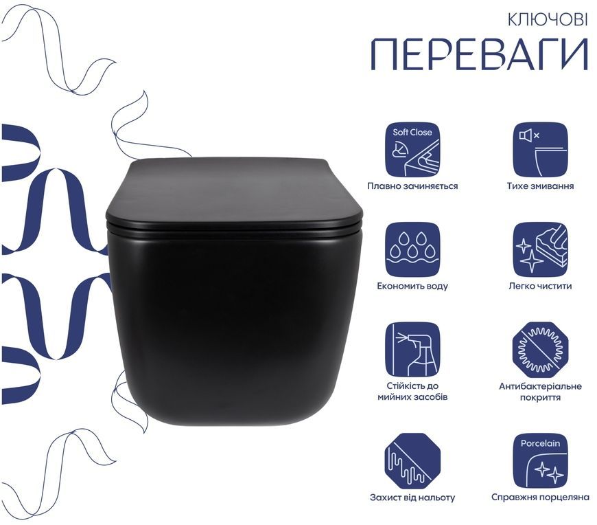 Унітаз підвісний Qtap Gemini безобідковий Ultra Quiet сидіння Slim Duroplast/Soft-close/Quick relase QTGEM28BLM50505 чорний - QTGEM28BLM50505