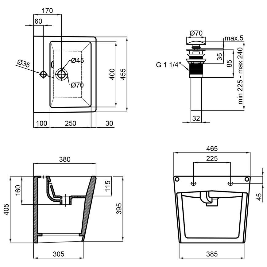 Раковина подвесная моноблок QTAP Tern 465х385х370 White с донным клапаном QT1711G803W - QT1711G803W