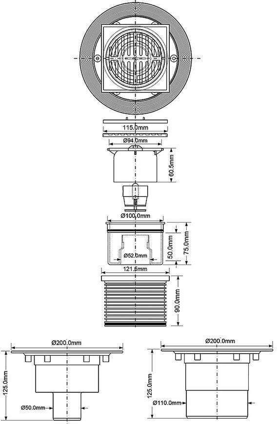 Трап для душа McALPINE HCFG3V-50 115х115 - HCFG3V-50