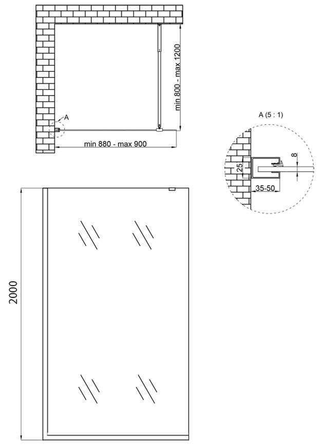 Душова перегородка Qtap Walk-In Standard BLM209.C8 скло 8 мм Clear, CalcLess, 90x200, нерухома STDBLM209C8 - STDBLM209C8