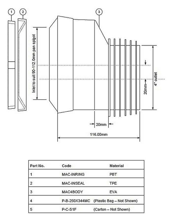 Каналізаційне підключення гнучке McALPINE 116 мм 90-112/110 мм зміщення 20 мм MAC1F-EXS