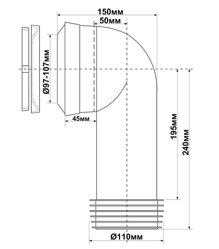 Канализационное подключение (колено) эластичное McAlpine 240 мм 90&deg; 97-107/110 мм MAC8L-EXS