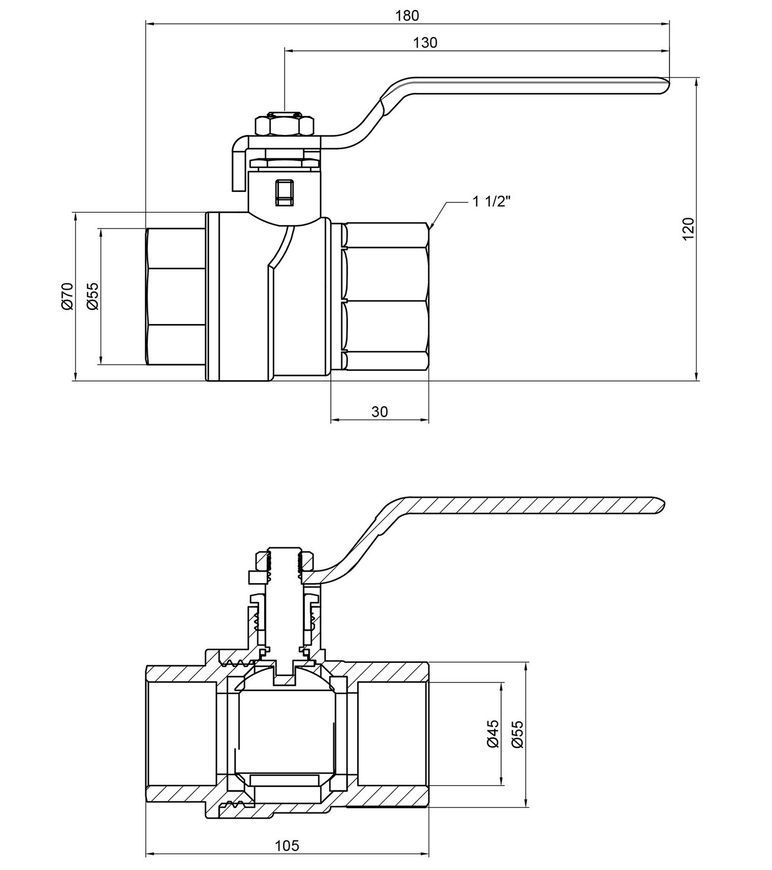 Кран шаровой прямой Thermo Alliance Forte 1" 1/2 ВР для воды (рычаг) PN40 латунь SF600W40 - SF600W40