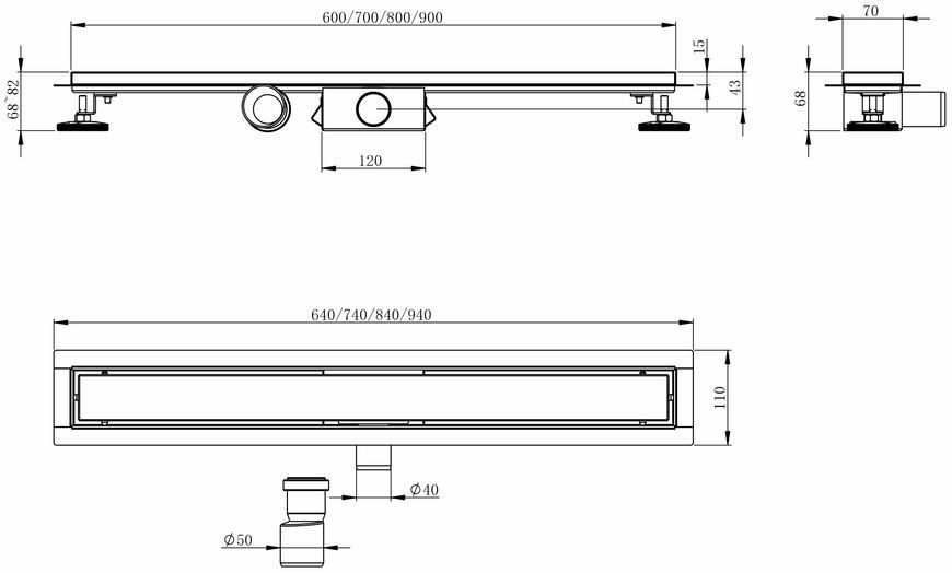 Трап линейный Imprese i-Flow S i07 600 мм решетка перфорированная, AISI 304, сухой затвор d44600SB07 черный - d44600SB07