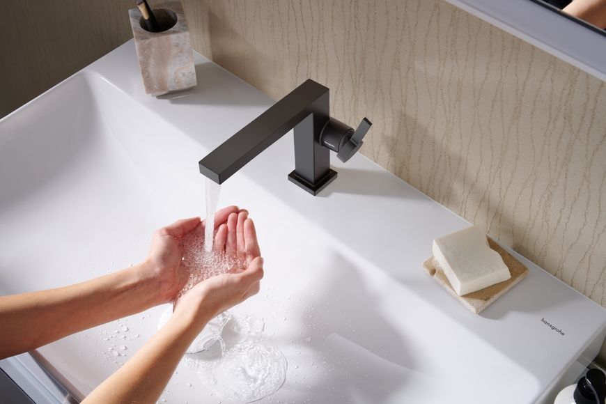 Смеситель для раковины HANSGROHE Tecturis E 110 Fine CoolStart EcoSmart+ Matt Black 73023670 черный с донным клапаном - 73023670