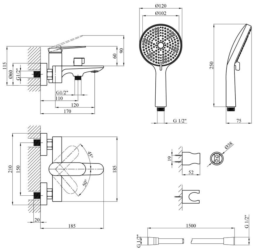 Змішувач для ванни Kroner Element 211315-0101 з душовим гарнітуром, латунь, хром CV035952 - Element 211315-0101