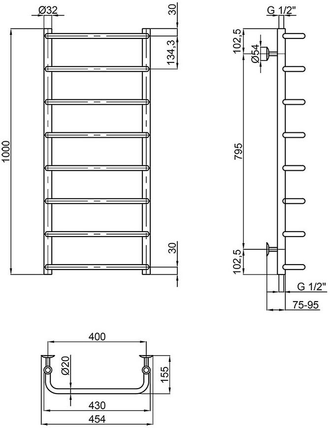 Рушникосушарка водяна LIDZ Standard (CRM) D32/20х1/2" 400x1000 P8 - LSTNDD322012401008WAT