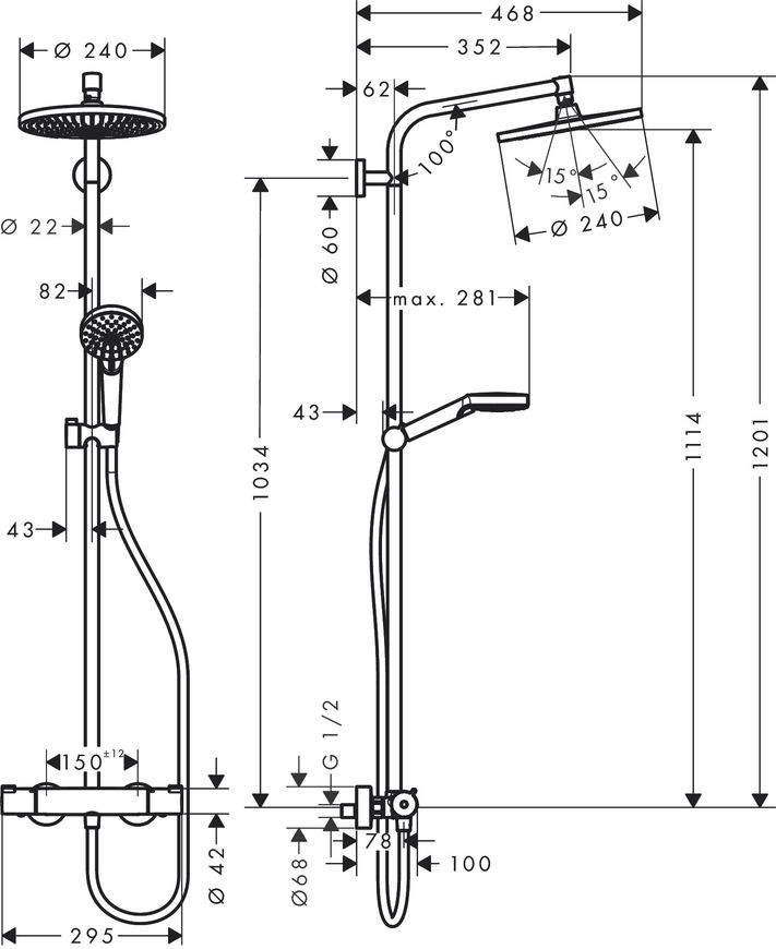 Душевая система HANSGROHE Crometta S Showerpipe 240 1jet с термостатом 27267000 хром - 27267000