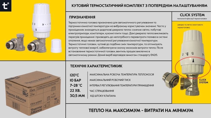 Кутовий термостатичний комплект Thermo Alliance Forte 1/2" ВРх1/2" ЗР з попереднім налаштуванням та антипротіканням TAF300G15