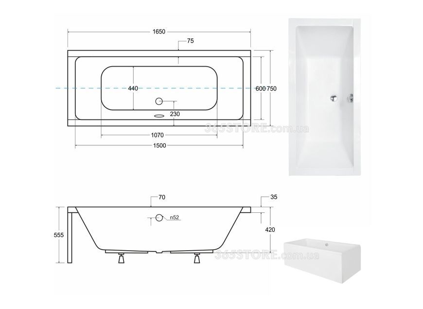 Ванна акрилова BESCO QUADRO 165х75 - 00000011330