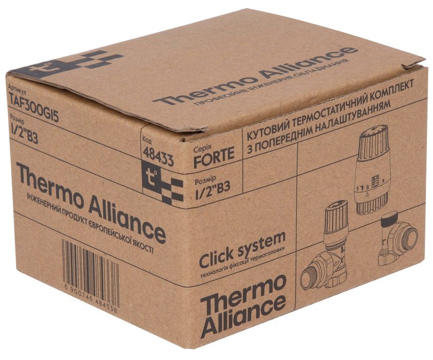 Кутовий термостатичний комплект Thermo Alliance Forte 1/2" ВРх1/2" ЗР з попереднім налаштуванням та антипротіканням TAF300G15