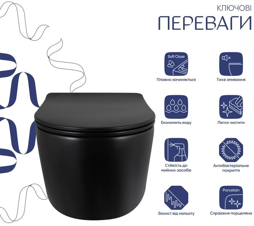 Унитаз подвесной Qtap Taurus безободковый Ultra Quiet сиденье Slim Duroplast/Soft-close/Quick release QTTAU28BLM50504 черный - QTTAU28BLM50504