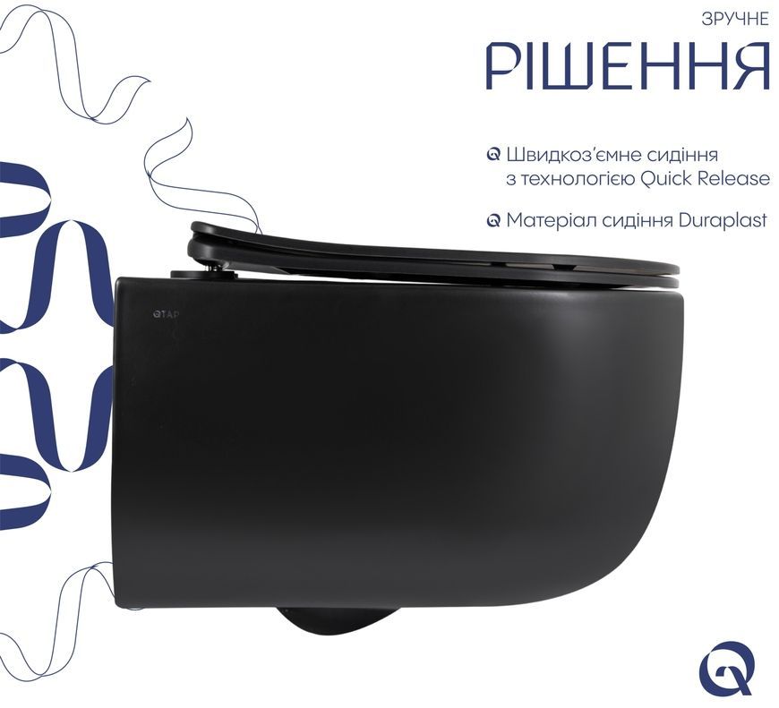 Унитаз подвесной Qtap Taurus безободковый Ultra Quiet сиденье Slim Duroplast/Soft-close/Quick release QTTAU28BLM50504 черный - QTTAU28BLM50504