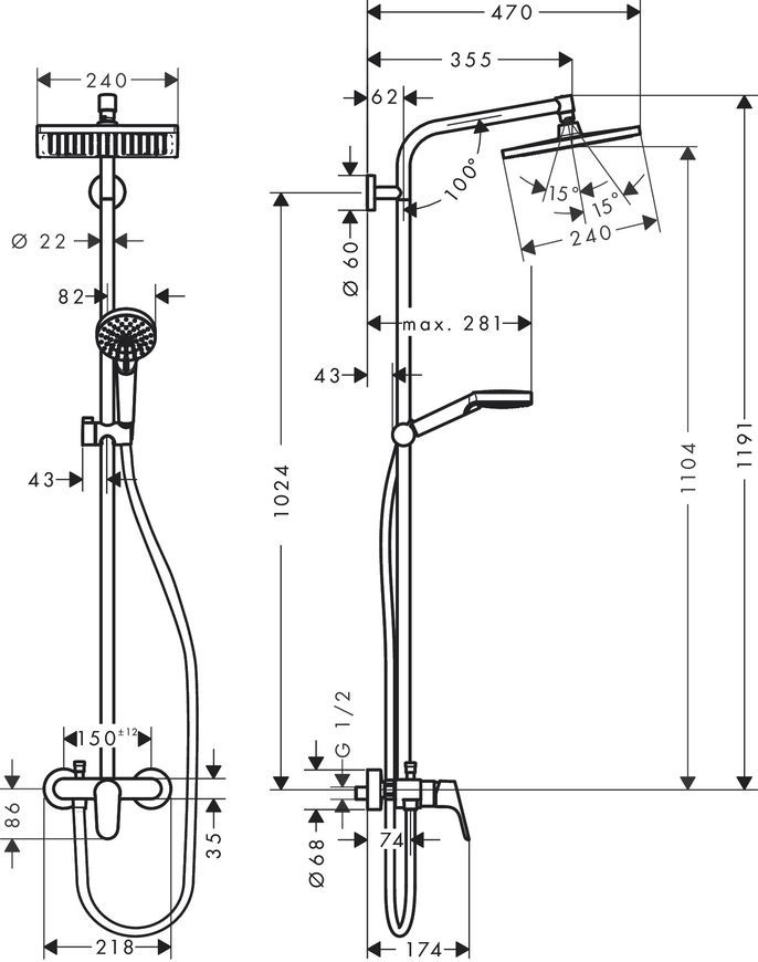Душевая система HANSGROHE Crometta E Showerpipe 240 1jet 27284000 хром - 27284000
