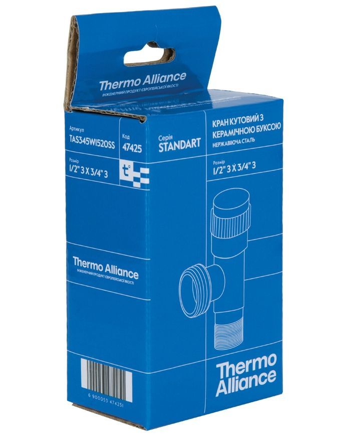 Кран угловой приборный Thermo Alliance Standart 1/2"НРх3/4"НР керамическая букса никель TAS345W1520SS