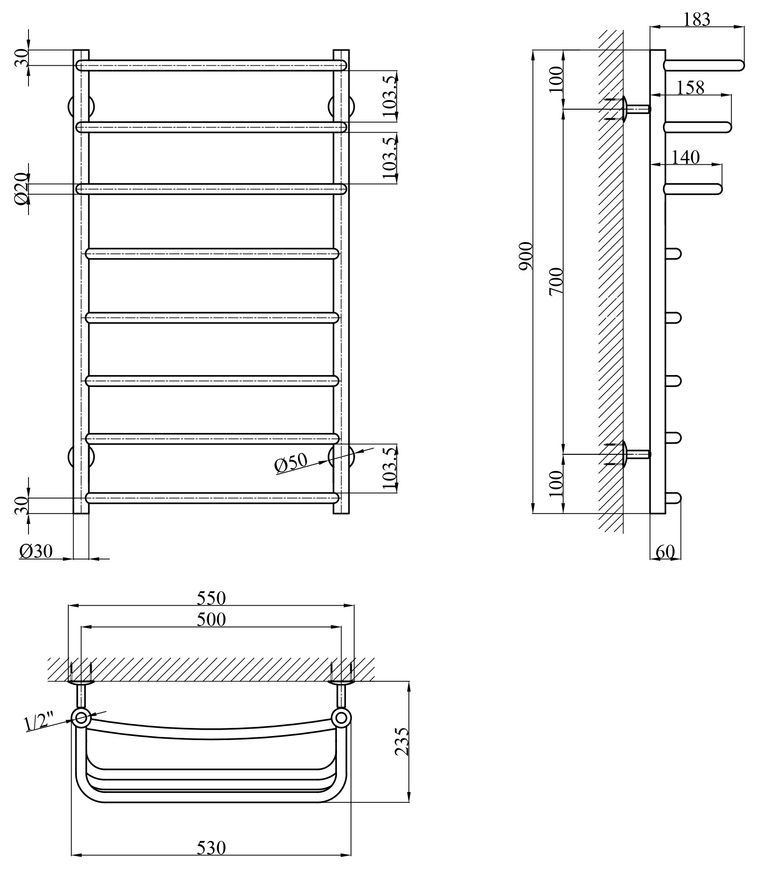 Сушарка для рушників водяна Kroner KRP Prima PR-WT90x50-8 нержавіюча сталь CV036312 - PR-WT90x50-8