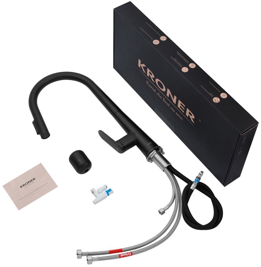 Змішувач для кухні Kroner Element 211569-3801 з підключенням для питної води та висувним виливом, чорний CV035985 - Element 211569-3801