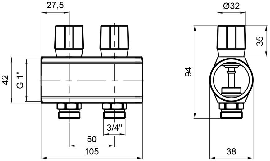 Коллектор&nbsp;ICMA&nbsp;с&nbsp;регулировочными&nbsp;вентилями&nbsp;1" 2 выхода №1105 (Blue) 871105PG0512