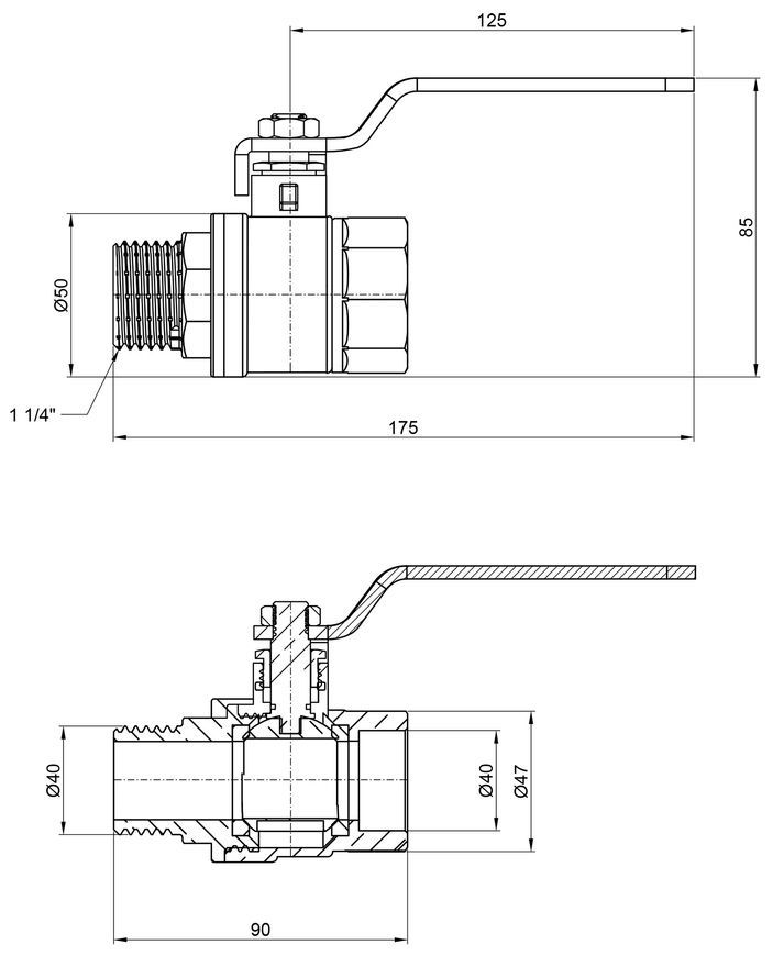 Кран шаровой Thermo Alliance Base 1 1/4" ВН для воды прямой (рычаг) PN30 латунь SD605W32 - SD605W32