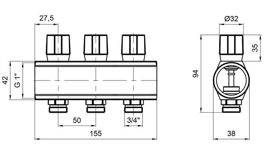 Коллектор&nbsp;ICMA с&nbsp;регулировочными&nbsp;вентилями&nbsp;1" 3 выхода №1105 (Blue) 871105PH0512