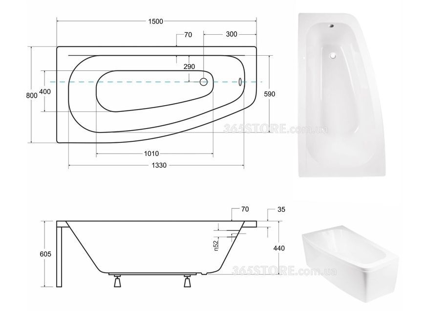 Ванна акрилова BESCO LUNA 150x80 (ліва) - 00000008557