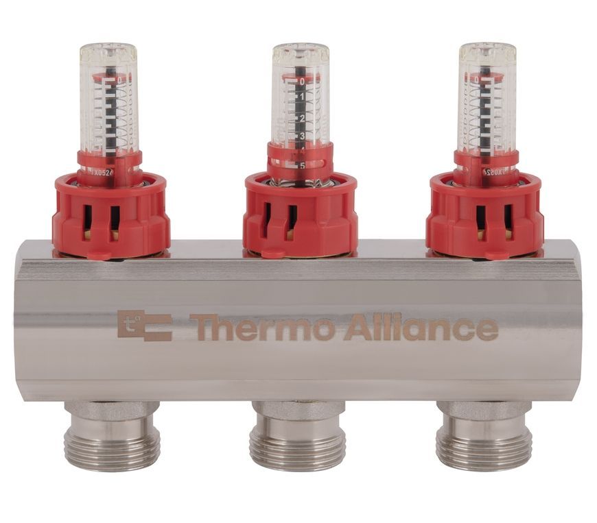 Коллектор латунный с расходомерами, термостат. кранами и евроконусами Thermo Alliance Standart 1" 3 выхода TAS235W3E - TAS235W3E