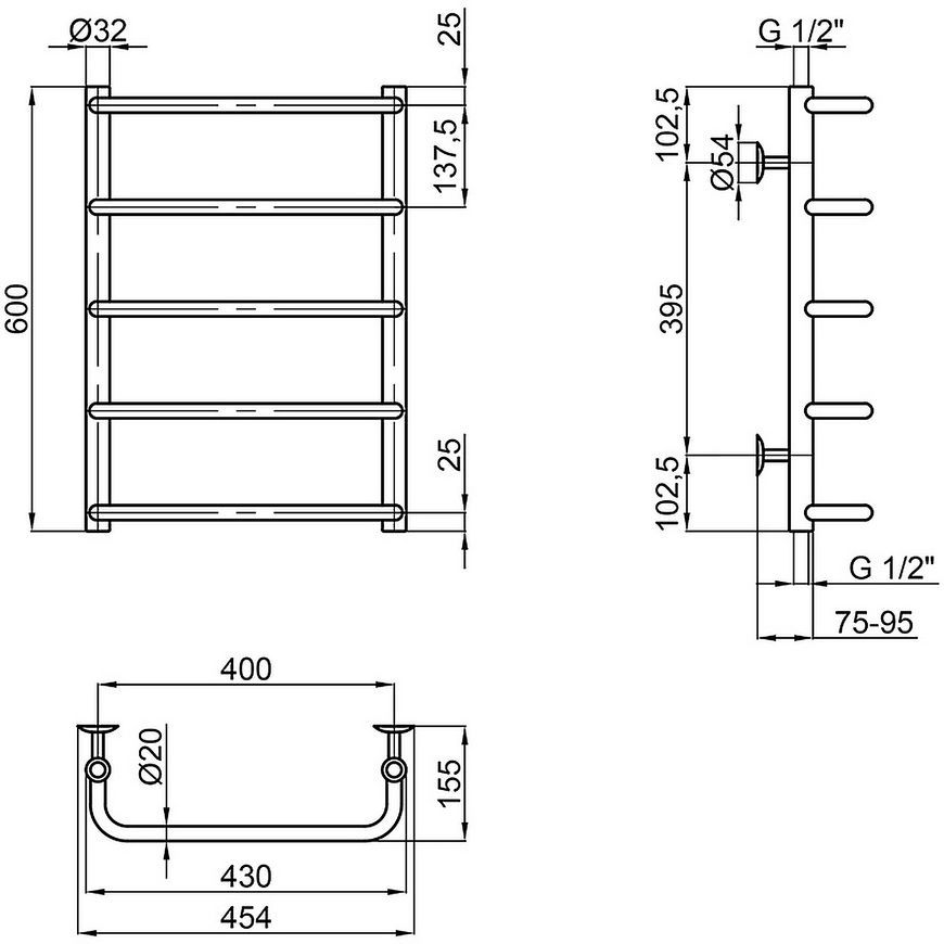 Рушникосушарка водяна LIDZ Standard (CRM) D32/20х1/2" 400x600 P5 - LSTNDD32201240605WAT