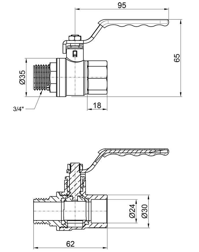 Кран шаровой Thermo Alliance Standart 3/4" ВН прямой, латунь, PN40, рычаг SD605NW20PN40 - SD605NW20PN40