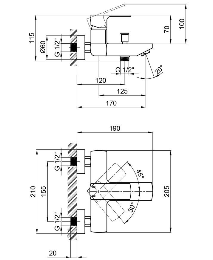 Змішувач для ванни QTAP Lipno QTNH3023101DG графіт з коротким виливом - -QTNH3023101DG
