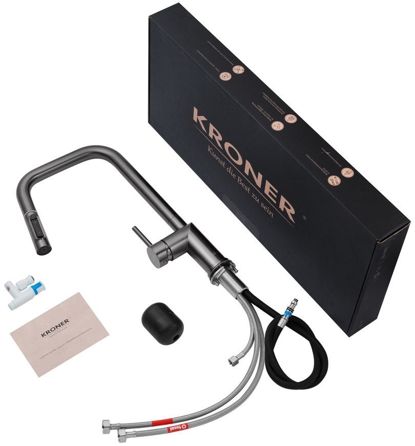 Змішувач для кухні Kroner Element 296569B-5301 з підключенням для питної води та висувним виливом, графіт CV035987 - Element 296569B-5301