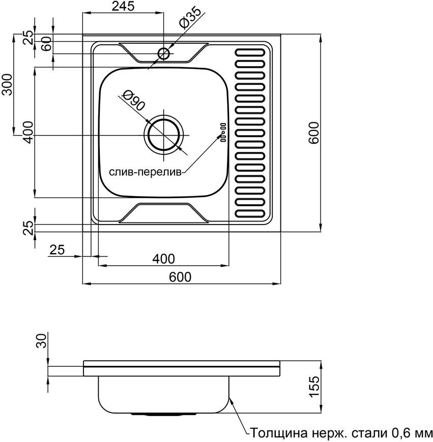 Кухонна мийка LIDZ 6060-L Satin 0,6 мм (155) LIDZ6060LSAT06 - LIDZ6060LSAT06