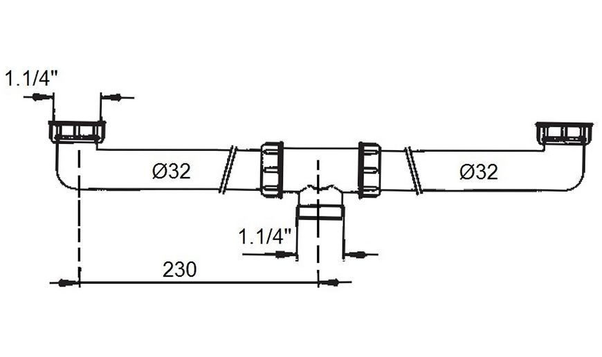 Подключение для двухчашевого умывальника McALPINE 1 1/4&rdquo; x 32 мм хром латунь 170 - 170