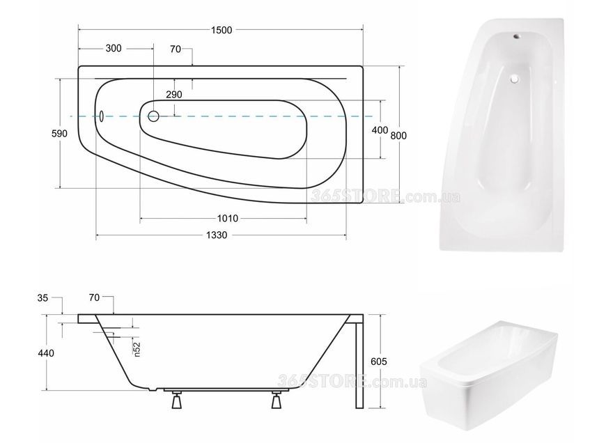Ванна акриловая BESCO LUNA 150x80 (правая) - 00000008556