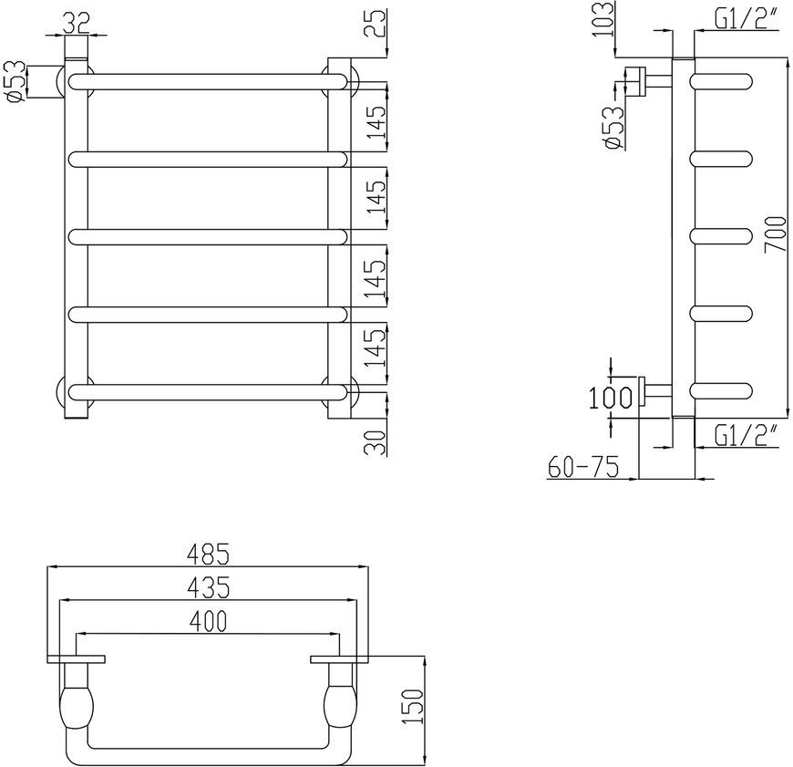 Полотенцесушитель водяной LIDZ Standard (CRM) D32/20х1/2" 400x700 P5 - LSTNDD32201240705WAT
