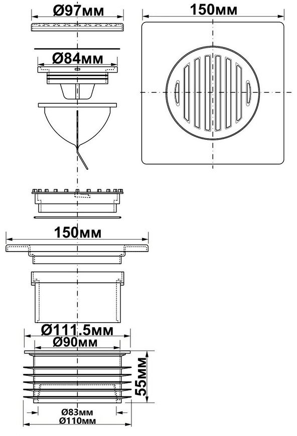 Решетка McALPINE 150х150 с крышкой и самозакрывающейся мембраной MRFGC3SSV-110 выход 110 - MRFGC3SSV-110